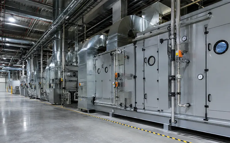 Zona de servicio mecánico de una gran instalación industrial con sistemas de ventilación y filtración de aire.
