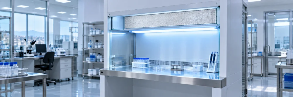 Banco de flujo laminar en laboratorio equipado con filtración HEPA para mantener una zona de trabajo con aire limpio.