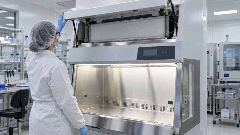 Inspección del filtro HEPA superior de una cabina de seguridad biológica de Clase II en un laboratorio.