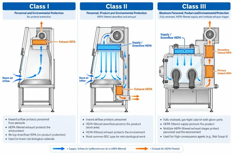 Comparación de cabinas de seguridad biológica Clase I, II y III con flujo de aire y ubicación de filtros HEPA de suministro y extracción