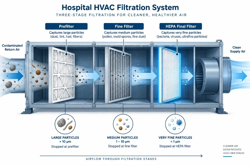 Sistema HVAC hospitalario con filtración multietapa mediante prefiltro, filtro fino y filtro HEPA final