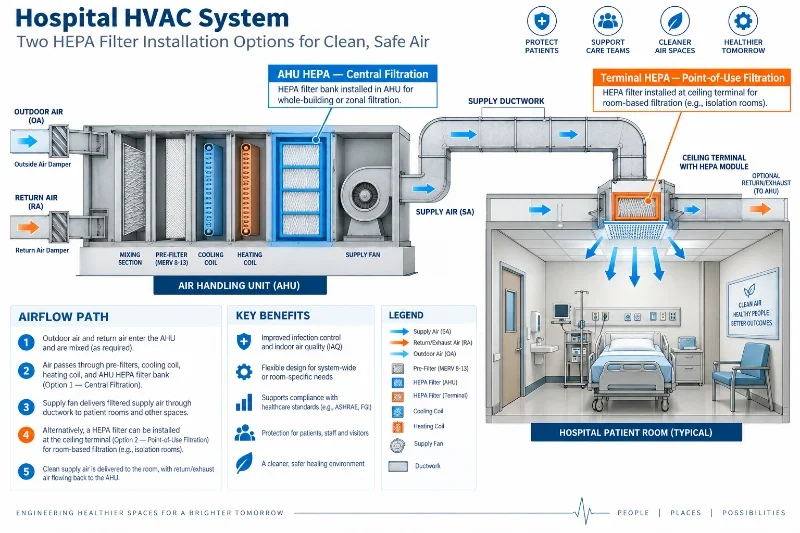 Comparación de filtros HEPA en AHU y filtración HEPA terminal en un sistema HVAC hospitalario
