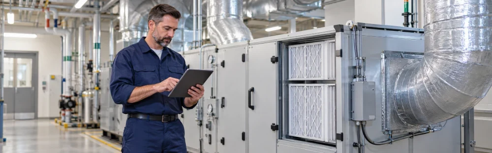 Filtros HEPA instalados en un sistema HVAC hospitalario con técnico realizando una inspección