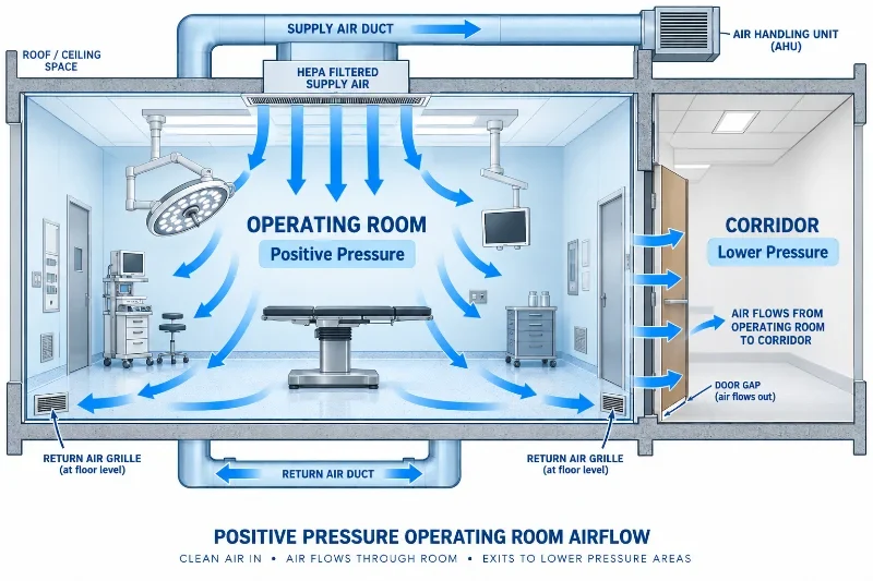 Diagrama del flujo de aire en un quirófano con presión positiva: el aire filtrado por HEPA entra por el techo, retorna por rejillas bajas y fluye hacia el pasillo de menor presión.