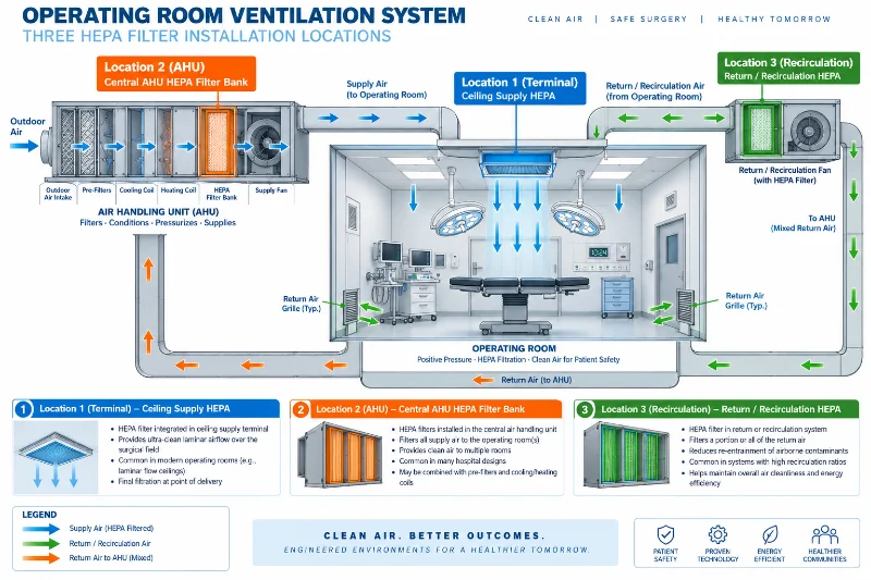Diagrama de un quirófano con tres ubicaciones posibles para instalar filtros HEPA: impulsión terminal en el techo, unidad de tratamiento de aire (AHU) y sistema de recirculación.