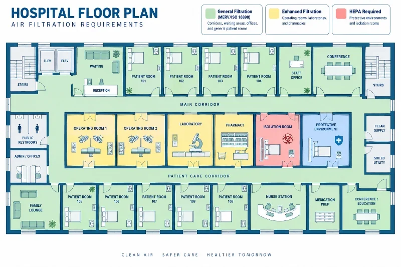 Plano de un hospital con zonas diferenciadas según sus requisitos de filtración de aire HVAC